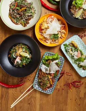 Zdjęcie przedstawia estetycznie zaaranżowany zestaw dań kuchni azjatyckiej, rozłożony na drewnianym stole. Kompozycja jest kolorowa, różnorodna i przyciąga uwagę egzotycznymi składnikami oraz starannym podaniem.Na stole widoczne są:
1.	Dwa talerze w czarnych miskach – zawierają dania z mięsem (najpewniej wołowiną lub kurczakiem), pokryte świeżymi ziołami (np. kolendrą), plasterkami cytryny lub limonki, a także dodatkiem papryczek chili, warzyw i sosu. Jedno danie zawiera także cienkie plastry różowego imbiru marynowanego.
2.	Żółty talerz (górny środek) – danie z makaronem ryżowym lub cienkimi paskami warzyw, z krewetkami, kolendrą i płatkami białego papieru ryżowego na wierzchu.
3.	Dwa prostokątne talerze o niebiesko-białym wzorze – jedno danie z mięsem (najpewniej kurczakiem lub wieprzowiną), ozdobione chipsami z papieru ryżowego i sałatą, drugie to kompozycja z warzywami, makaronem i limonką – prawdopodobnie wersja sałatki.
4.	Zielono-biała miska (górny lewy róg) – zawiera danie z grillowanymi warzywami i sezamem, z dodatkiem zielonych liści i pikantnego sosu.Na stole widać też kilka całych czerwonych papryczek chili (surowych i suszonych), co sugeruje pikantny charakter kuchni, prawdopodobnie tajskiej lub wietnamskiej.Obok jednego z talerzy znajdują się drewniane pałeczki, gotowe do użycia.Całość zdjęcia oddaje estetykę nowoczesnej kuchni azjatyckiej – zróżnicowaną teksturalnie, świeżą, kolorową i apetyczną.
